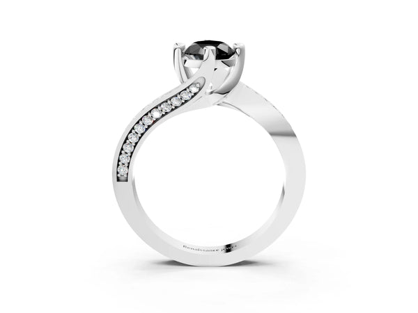 White gold Fancy Black Pear Cut Solitaire Diamond Twist Band with Pavé Setting and Four-Prong Setting