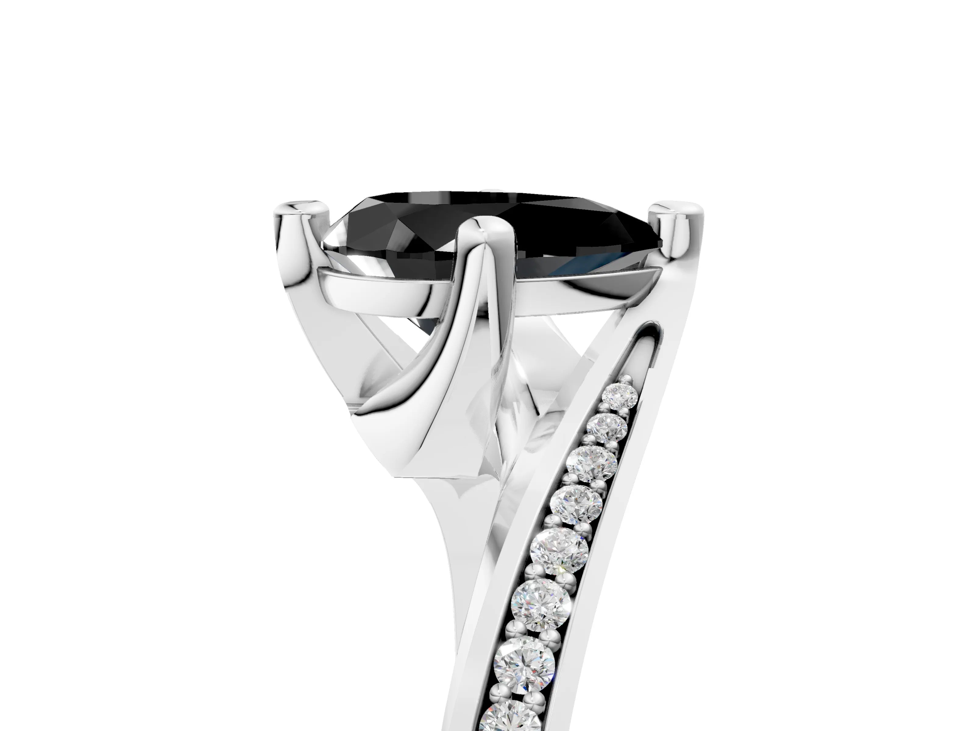 White gold Fancy Black Pear Cut Solitaire Diamond Twist Band with Pavé Setting and Four-Prong Setting_17