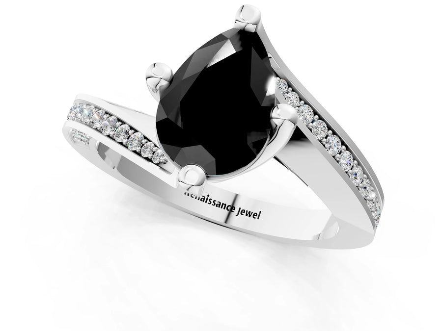 White gold Fancy Black Pear Cut Solitaire Diamond Twist Band with Pavé Setting and Four-Prong Setting