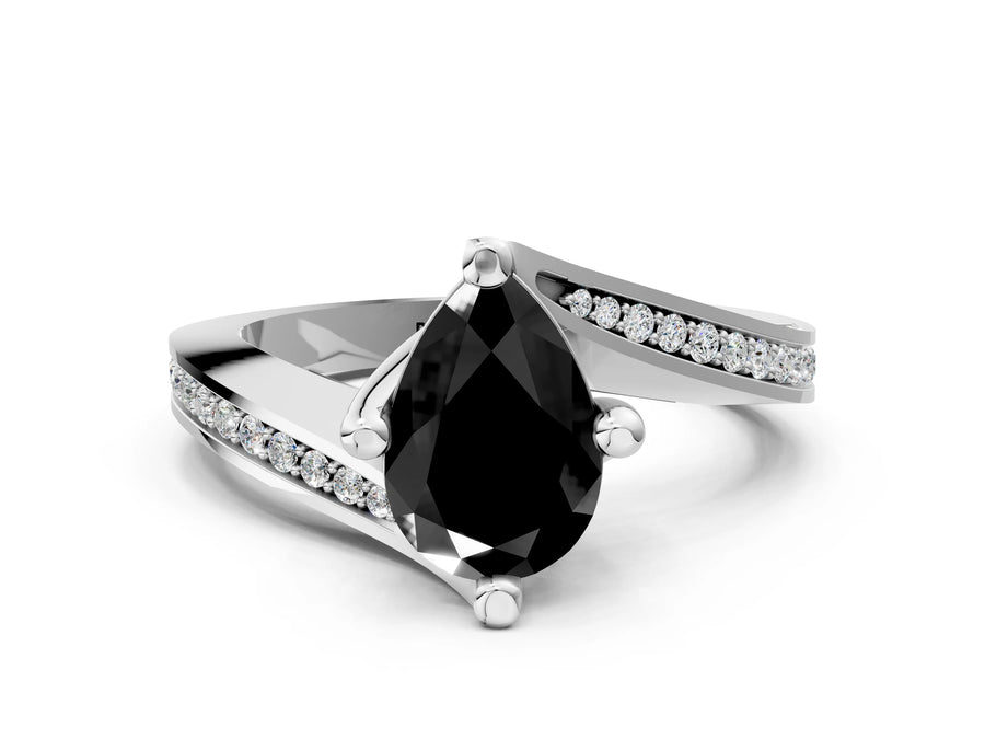 White gold Fancy Black Pear Cut Solitaire Diamond Twist Band with Pavé Setting and Four-Prong Setting