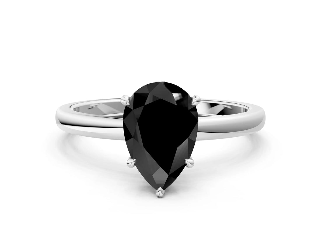 White gold Fancy Black Pear Cut Solitaire Engagement Ring with Cathedral Band and Four-Prong Setting