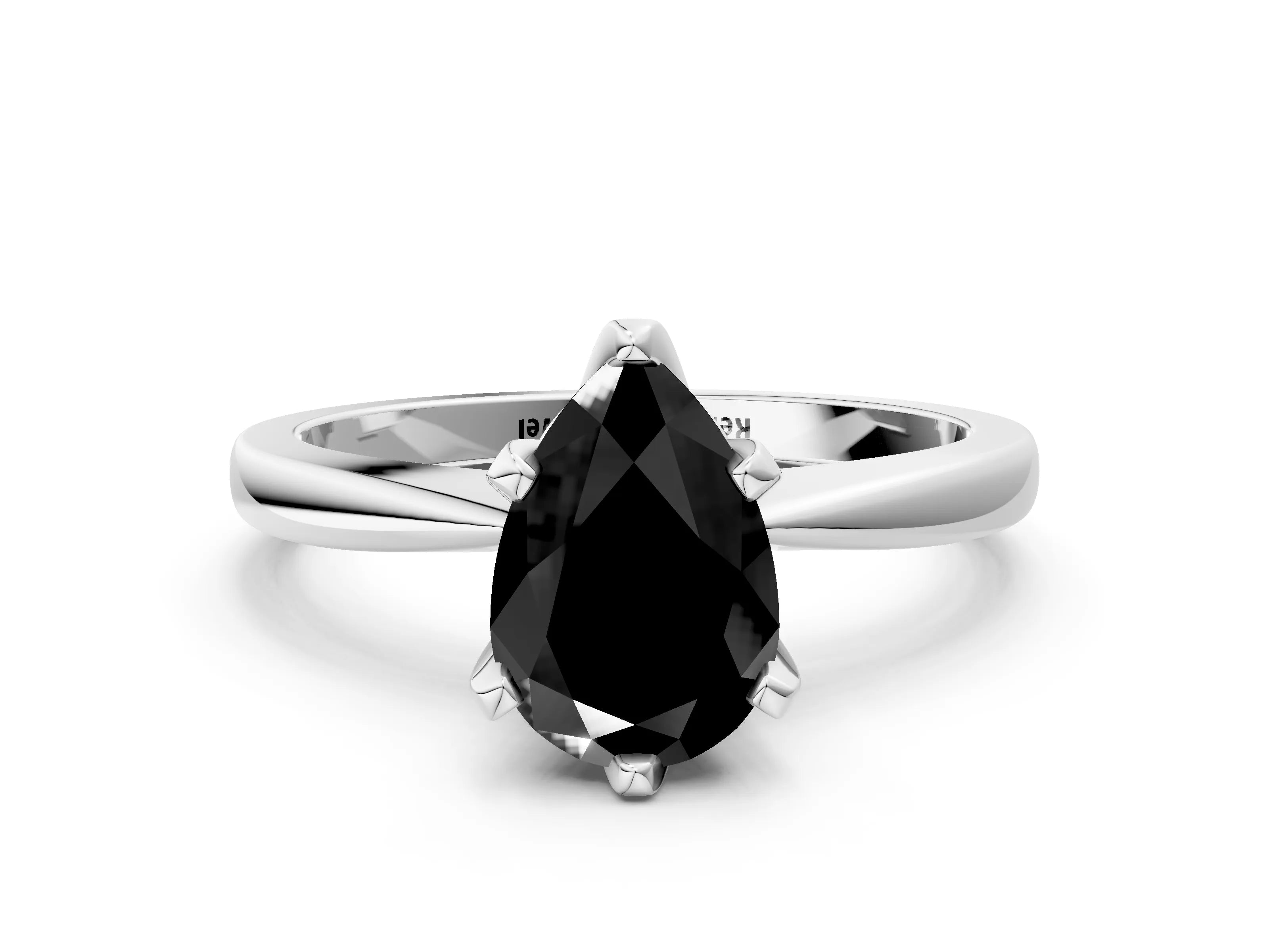 White gold Fancy Black Pear Cut Solitaire Engagement Ring with Six-Prong Setting and Tapered Band