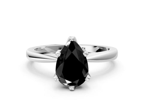 White gold Fancy Black Pear Cut Solitaire Engagement Ring with Six-Prong Setting and Tapered Band