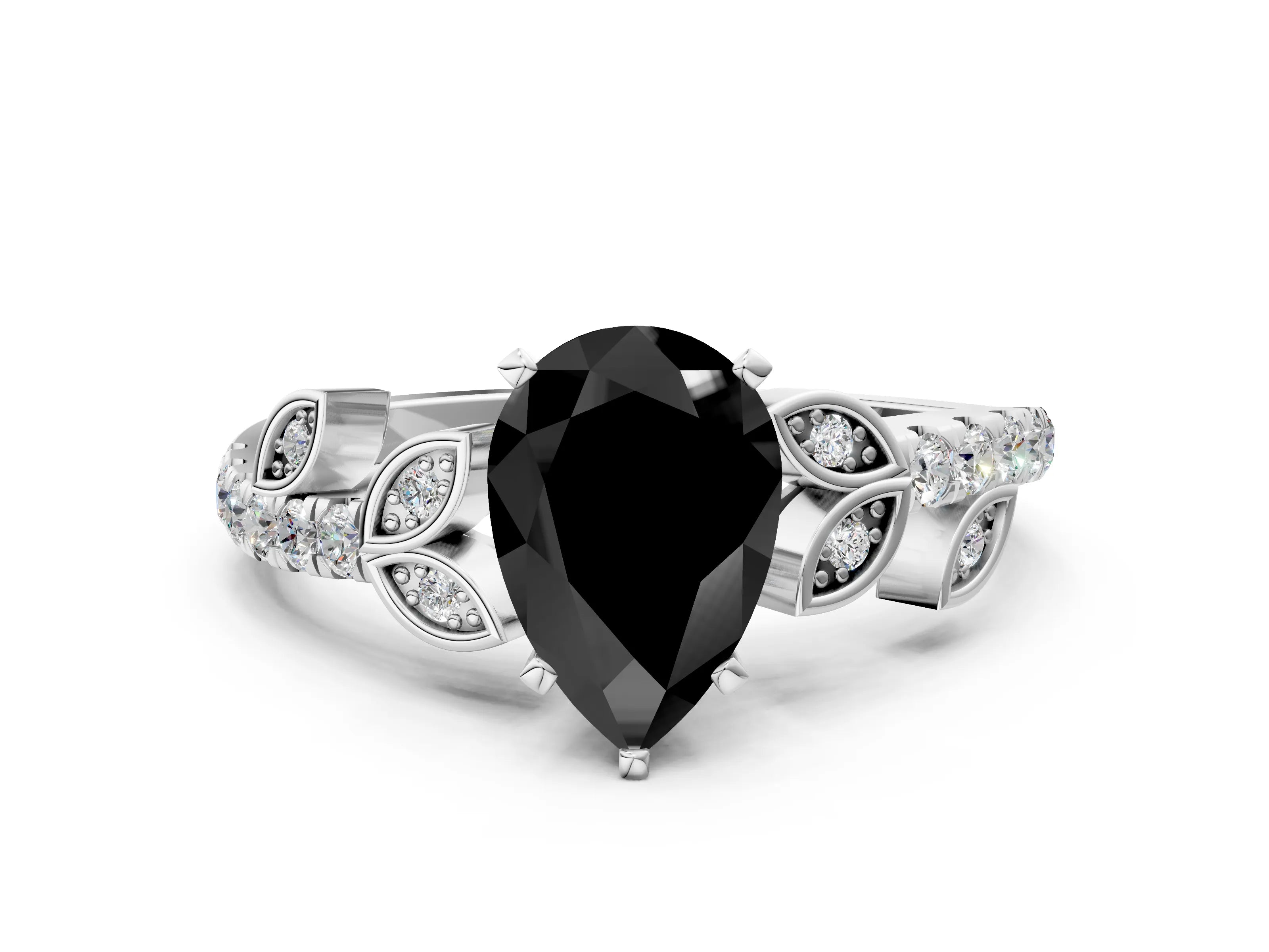 White gold Fancy Black Pear Cut Solitaire Leaf-Inspired Diamond Ring with Pavé Band and Four-Prong Setting_12