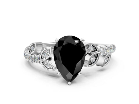 White gold Fancy Black Pear Cut Solitaire Leaf-Inspired Diamond Ring with Pavé Band and Four-Prong Setting_12
