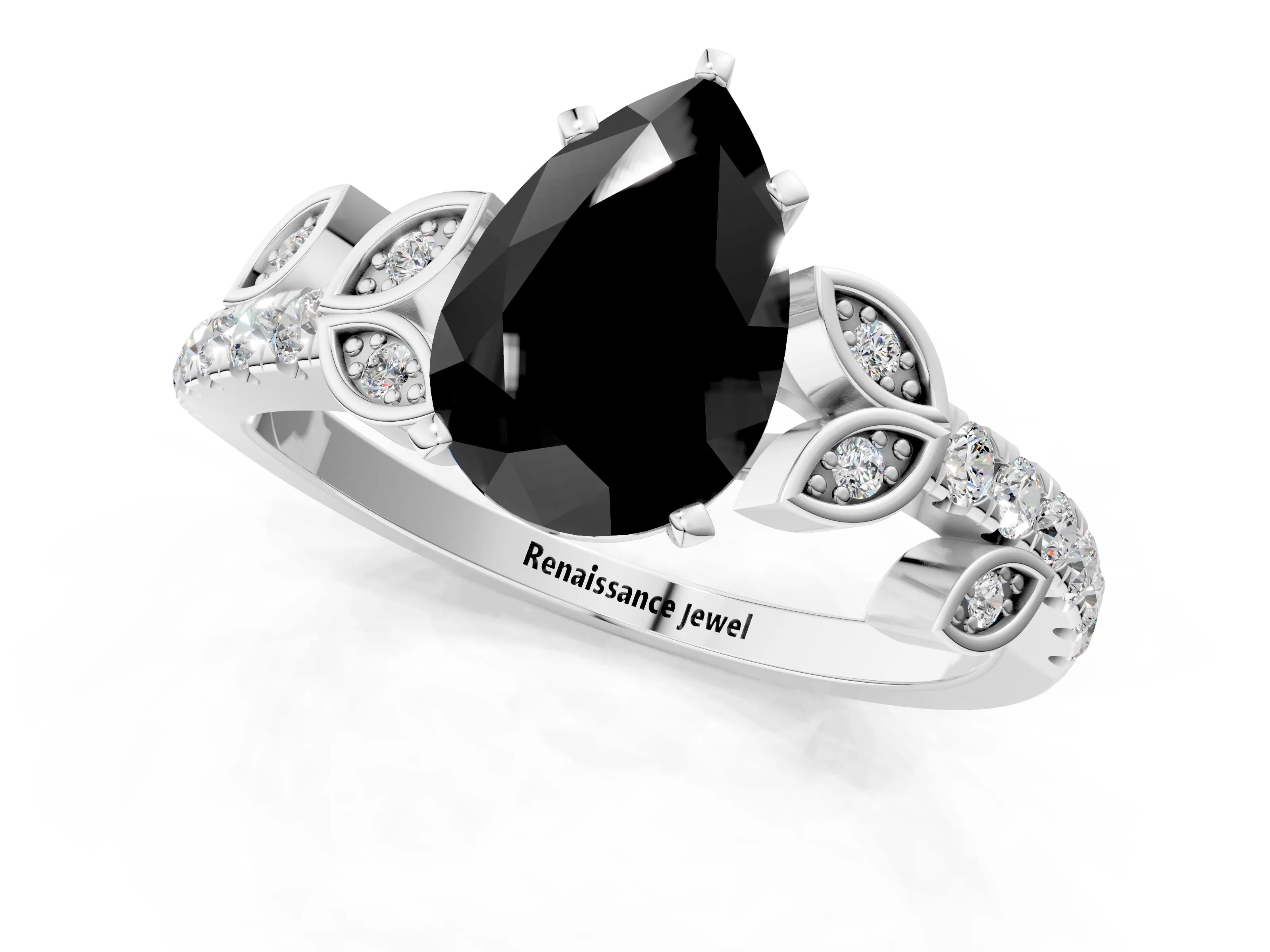 White gold Fancy Black Pear Cut Solitaire Leaf-Inspired Diamond Ring with Pavé Band and Four-Prong Setting_13