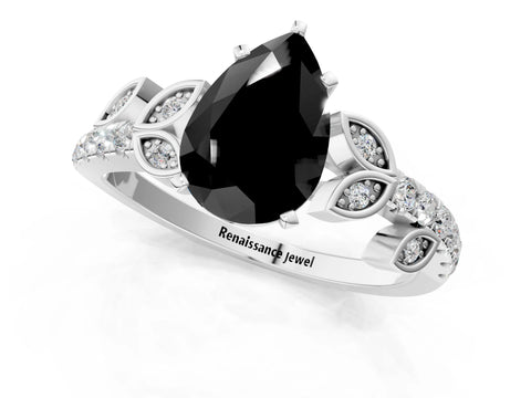 White gold Fancy Black Pear Cut Solitaire Leaf-Inspired Diamond Ring with Pavé Band and Four-Prong Setting_13