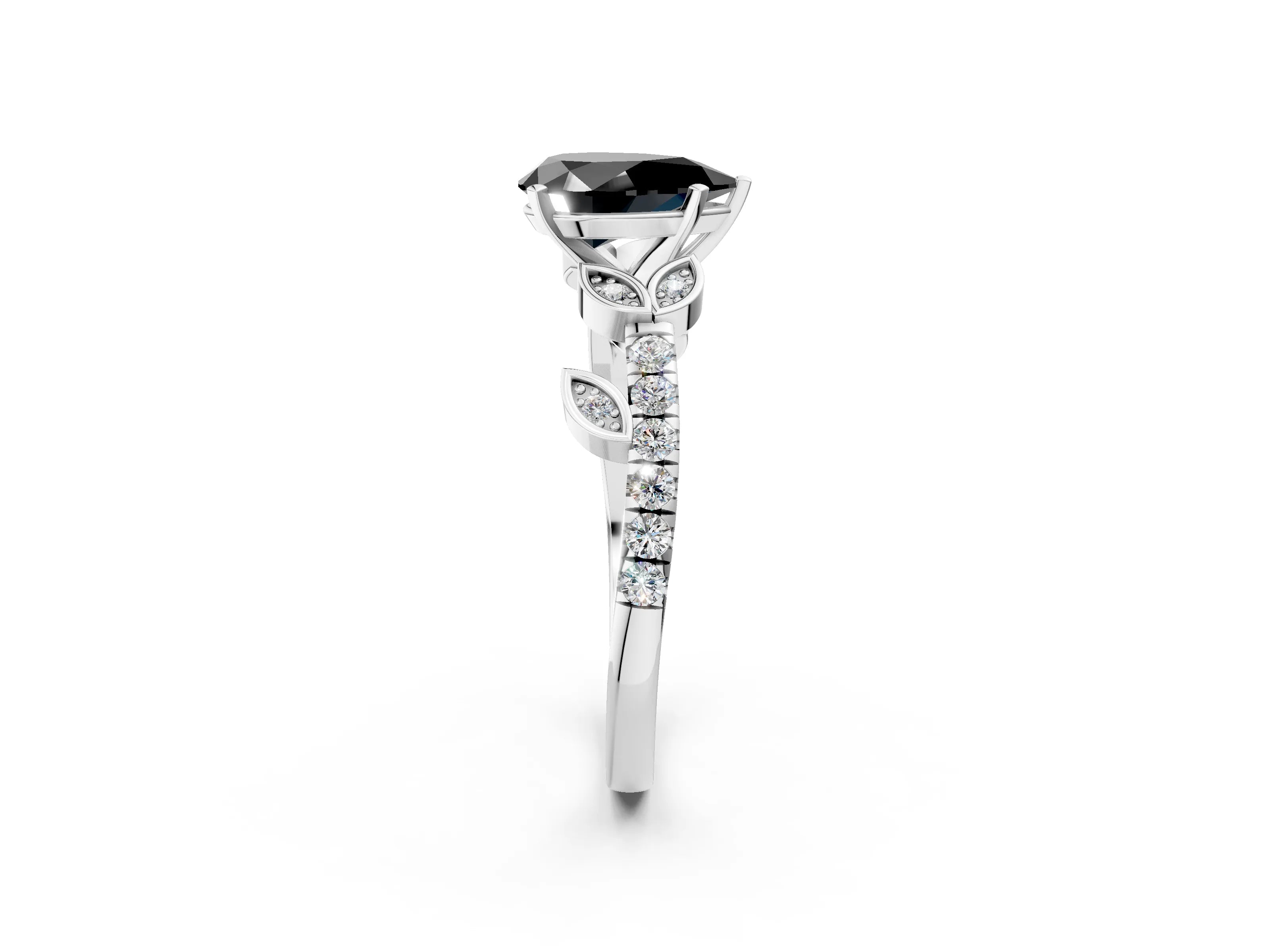 White gold Fancy Black Pear Cut Solitaire Leaf-Inspired Diamond Ring with Pavé Band and Four-Prong Setting_14