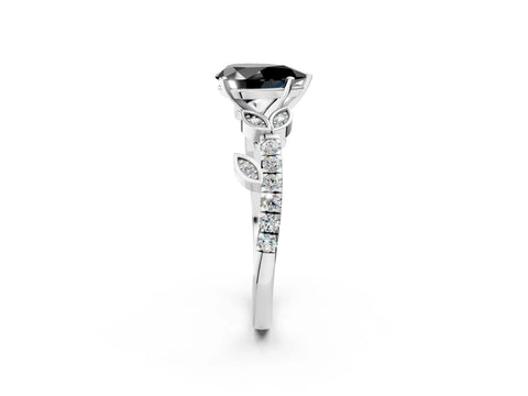 White gold Fancy Black Pear Cut Solitaire Leaf-Inspired Diamond Ring with Pavé Band and Four-Prong Setting_14