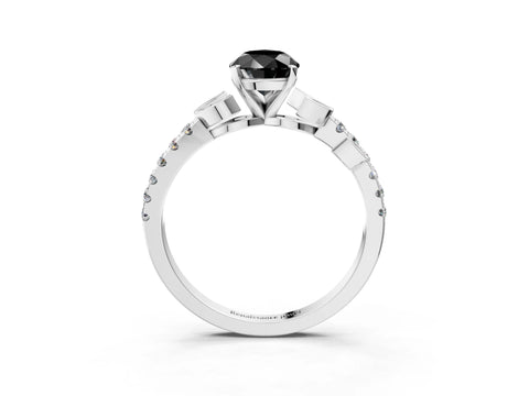 White gold Fancy Black Pear Cut Solitaire Leaf-Inspired Diamond Ring with Pavé Band and Four-Prong Setting_15
