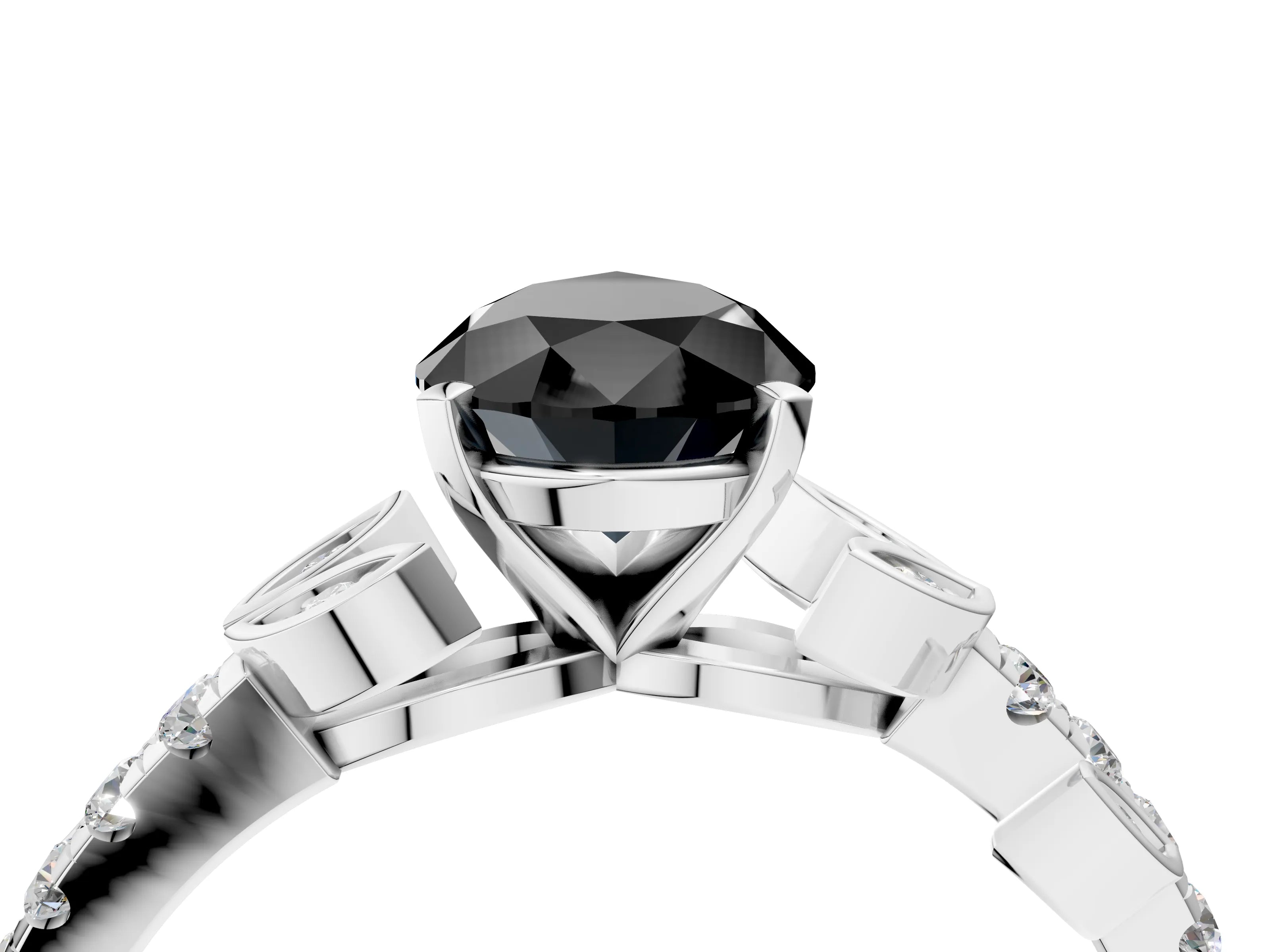 White gold Fancy Black Pear Cut Solitaire Leaf-Inspired Diamond Ring with Pavé Band and Four-Prong Setting_16