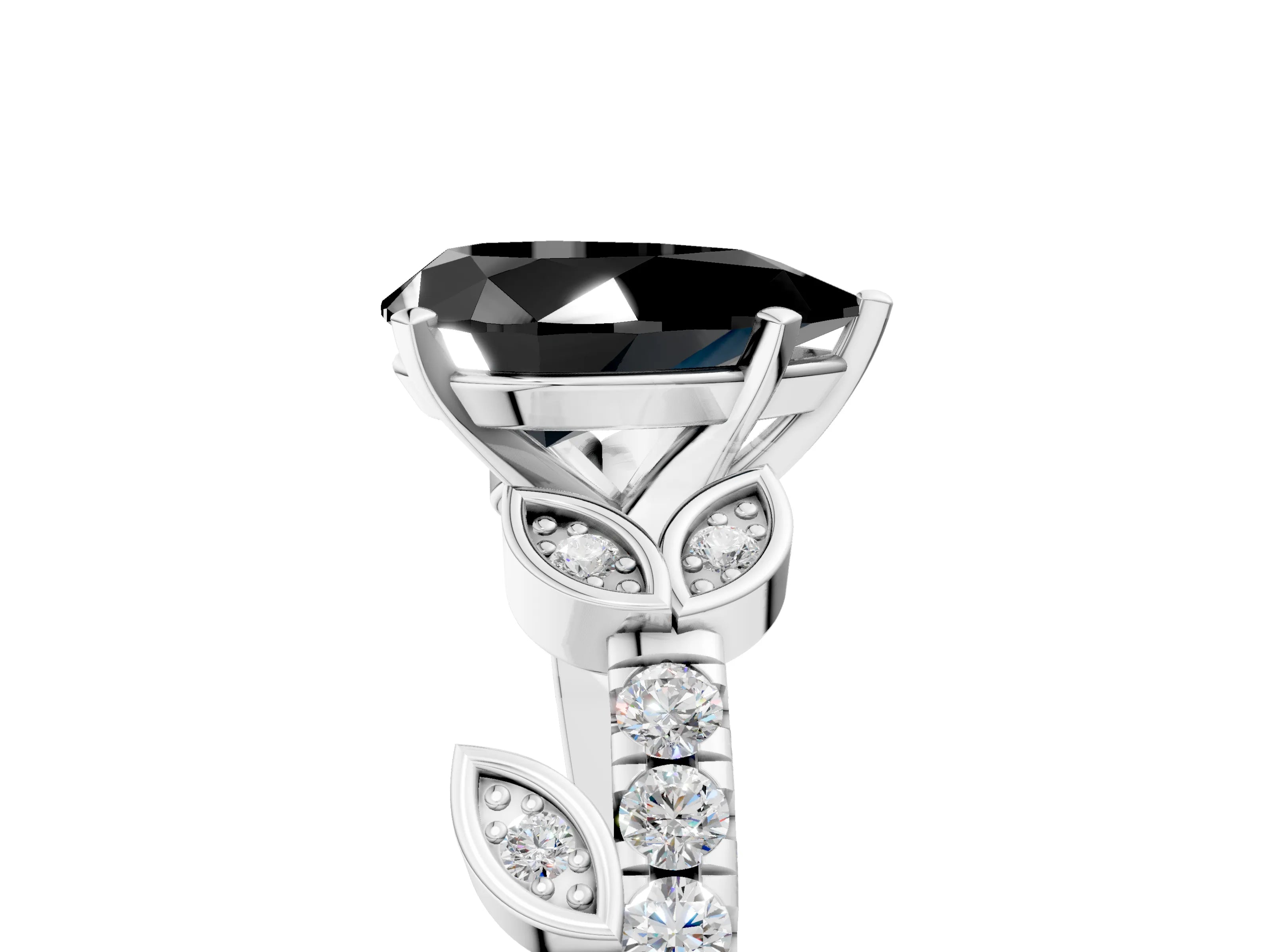 White gold Fancy Black Pear Cut Solitaire Leaf-Inspired Diamond Ring with Pavé Band and Four-Prong Setting_17