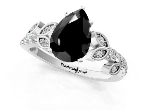 White gold Fancy Black Pear Cut Solitaire Leaf-Inspired Diamond Ring with Pavé Band and Four-Prong Setting_1