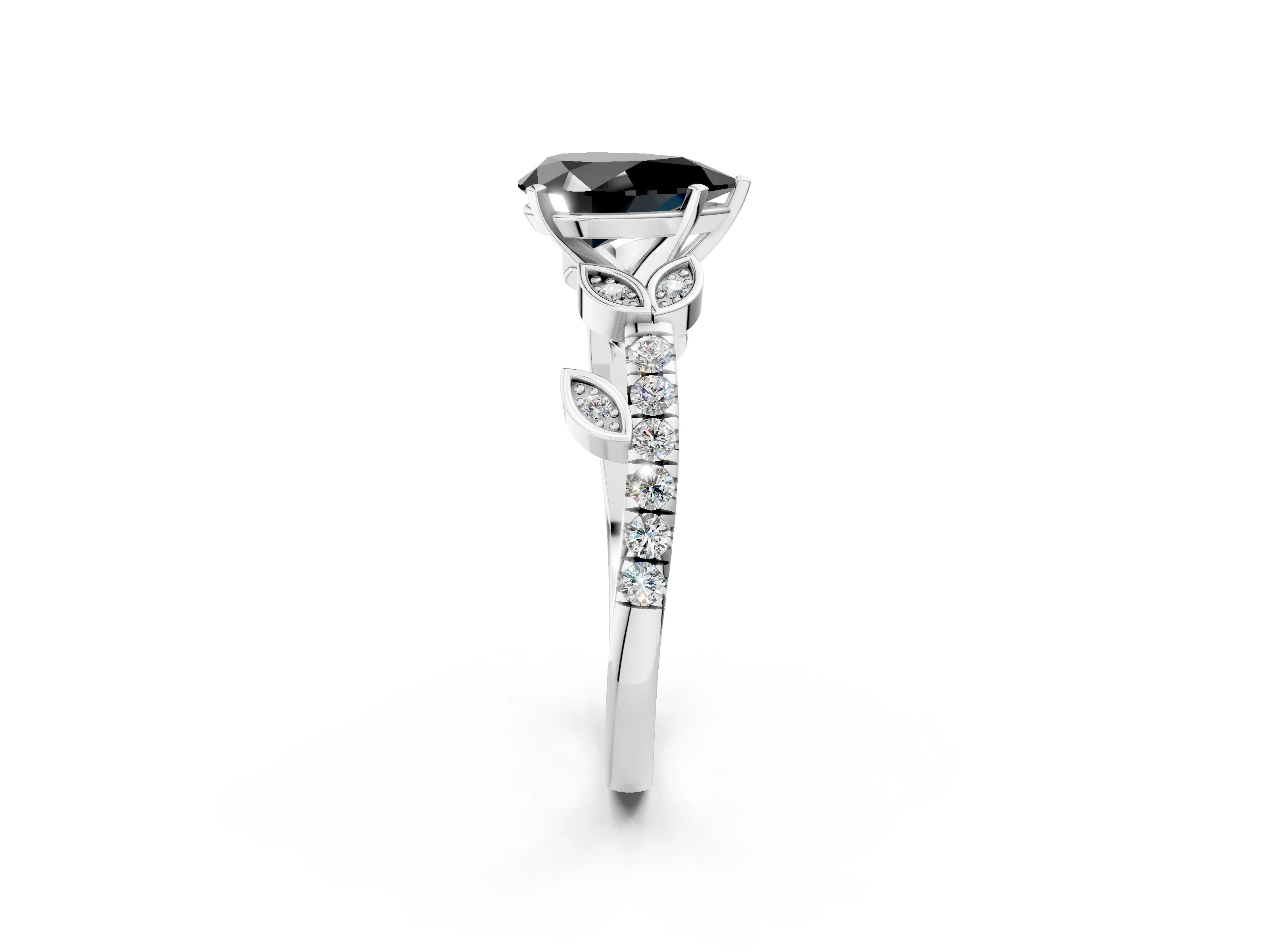 White gold Fancy Black Pear Cut Solitaire Leaf-Inspired Diamond Ring with Pavé Band and Four-Prong Setting_2