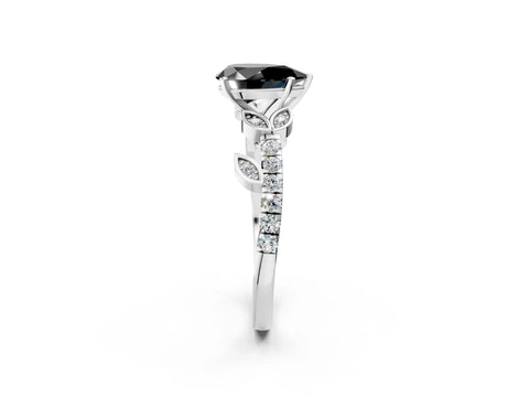 White gold Fancy Black Pear Cut Solitaire Leaf-Inspired Diamond Ring with Pavé Band and Four-Prong Setting_2