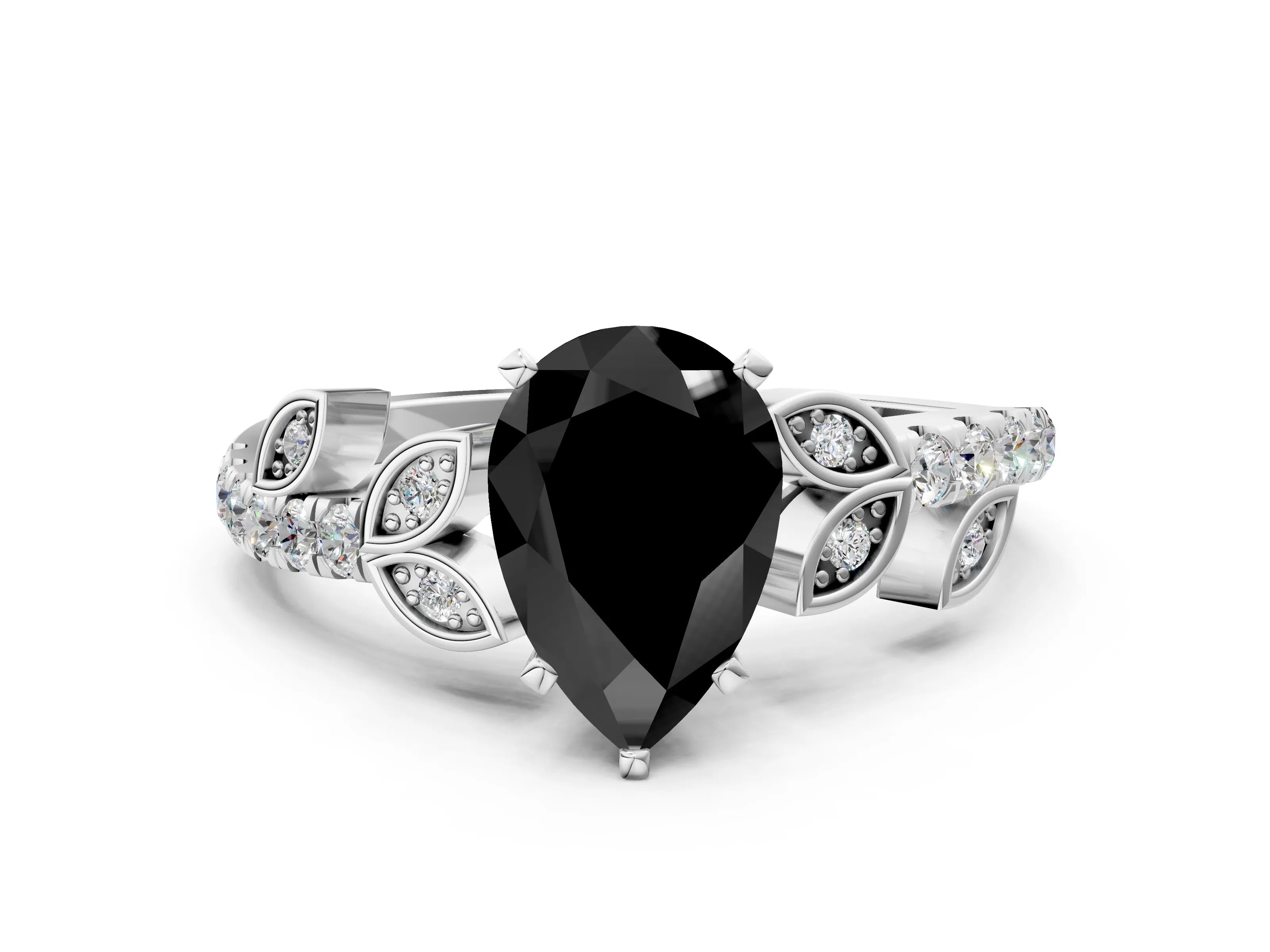 White gold Fancy Black Pear Cut Solitaire Leaf-Inspired Diamond Ring with Pavé Band and Four-Prong Setting