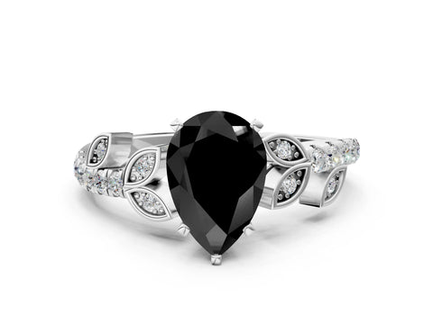 White gold Fancy Black Pear Cut Solitaire Leaf-Inspired Diamond Ring with Pavé Band and Four-Prong Setting