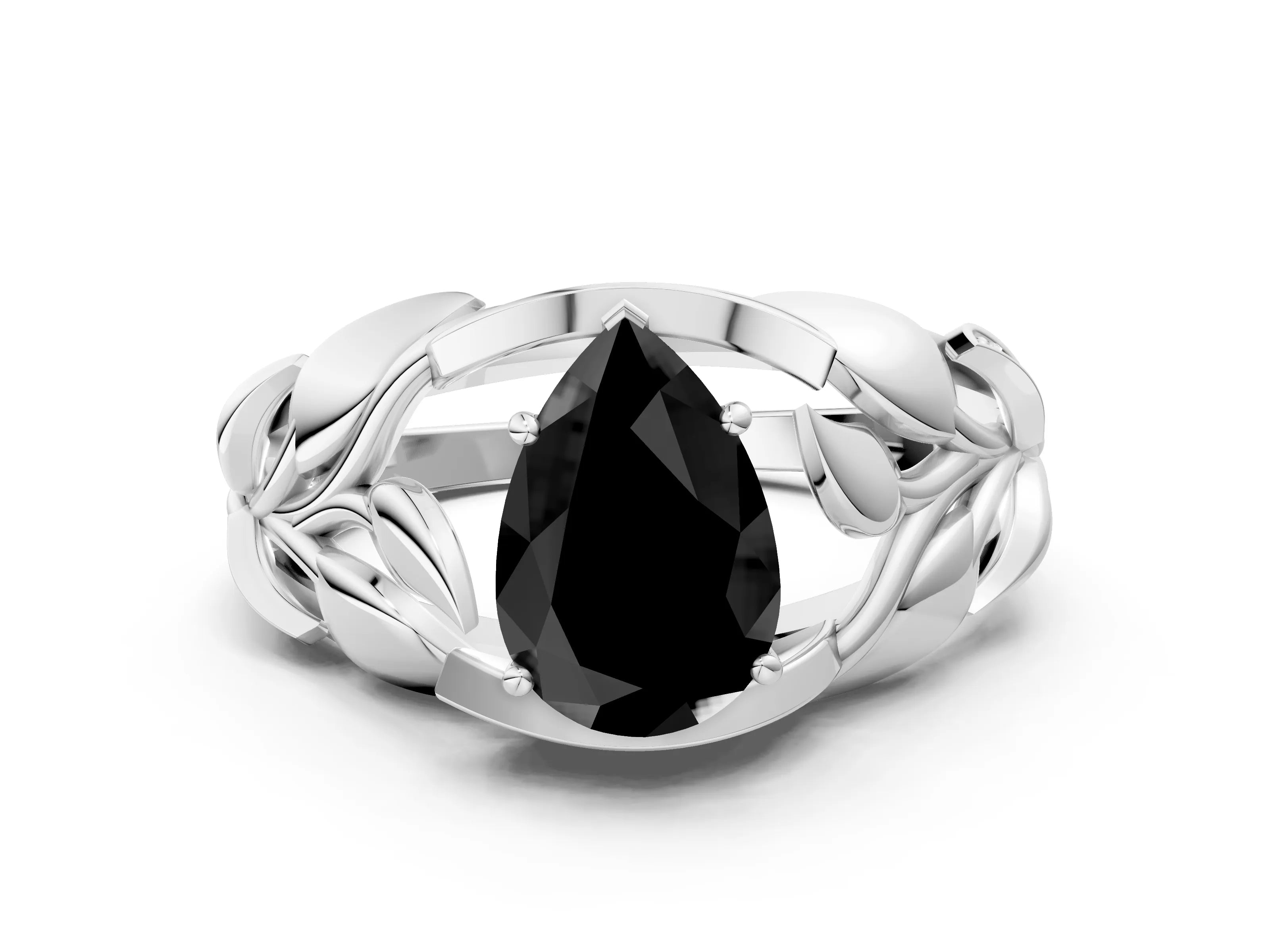 White gold Fancy Black Pear Cut Solitaire Leaf-Inspired Engagement Ring with Prong Setting