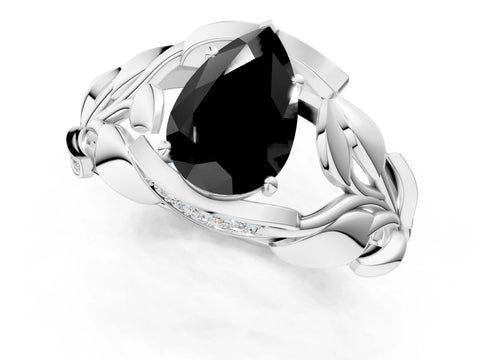 White gold Fancy Black Pear Cut Solitaire Leaf-Inspired Engagement Ring with Prong Setting_1