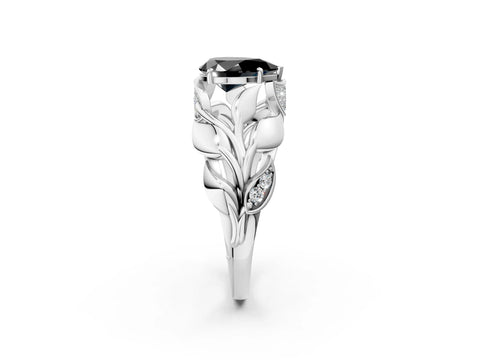 White gold Fancy Black Pear Cut Solitaire Leaf-Inspired Engagement Ring with Prong Setting_2