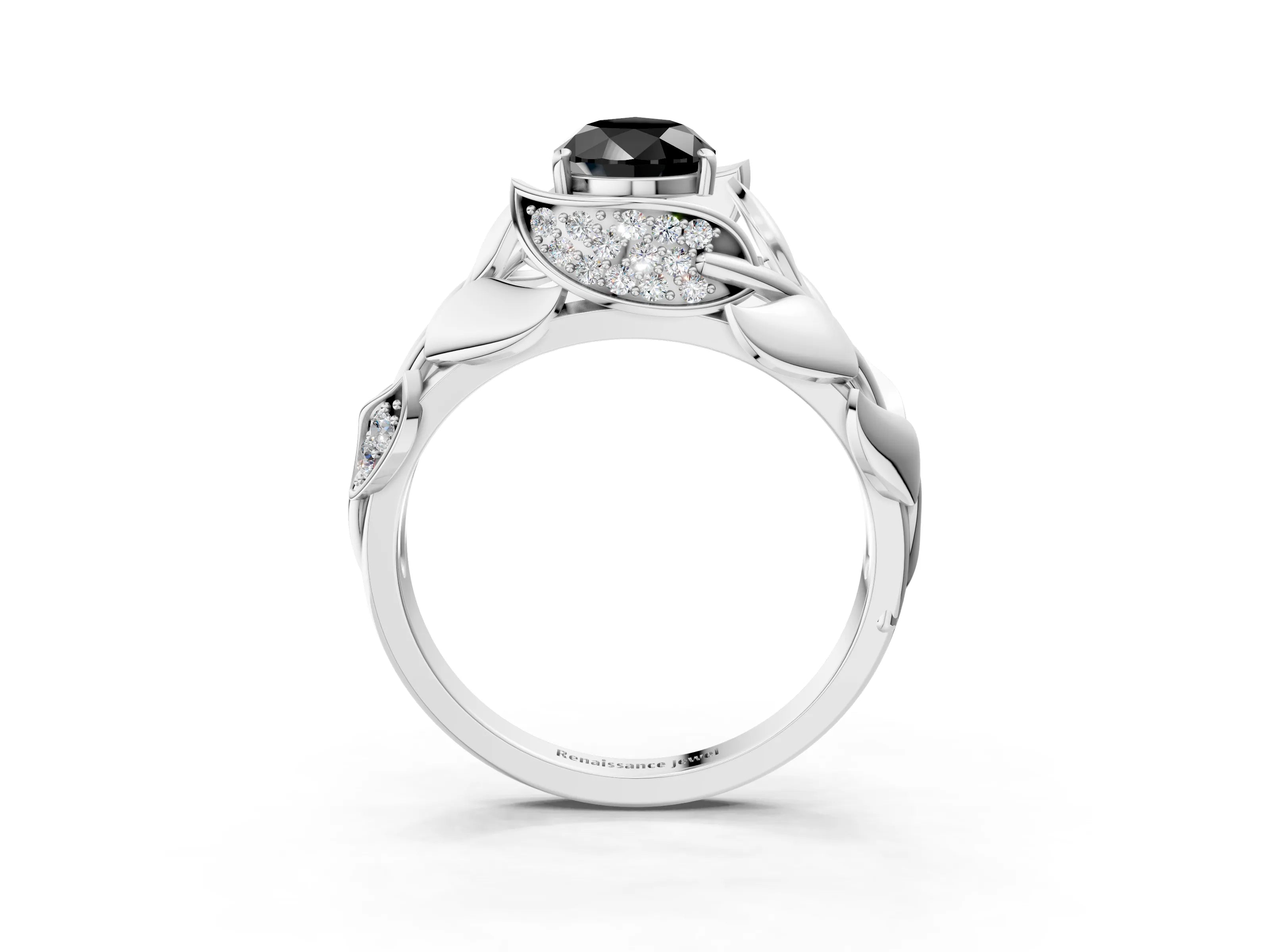 White gold Fancy Black Pear Cut Solitaire Leaf-Inspired Engagement Ring with Prong Setting_3