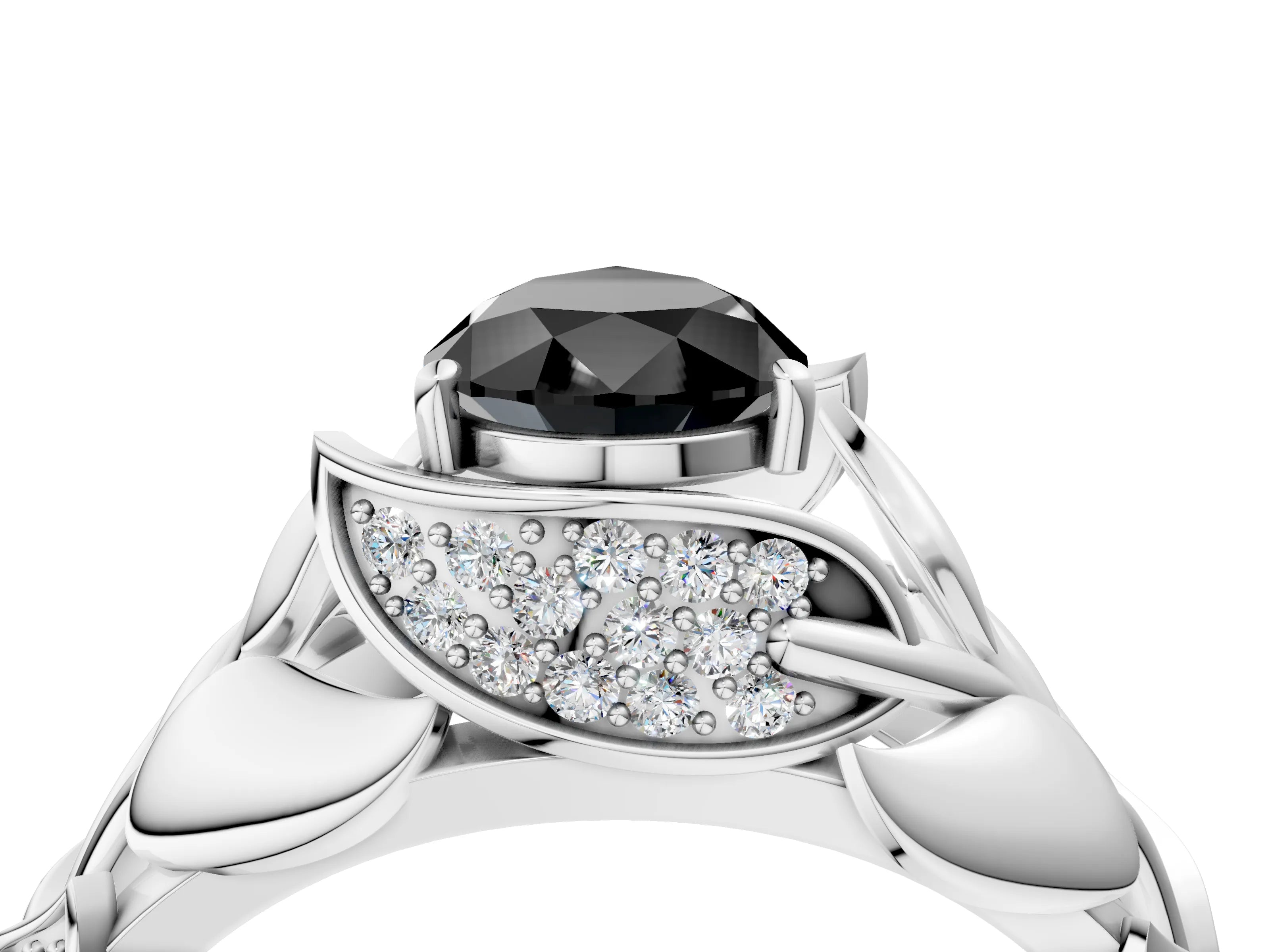 White gold Fancy Black Pear Cut Solitaire Leaf-Inspired Engagement Ring with Prong Setting_4