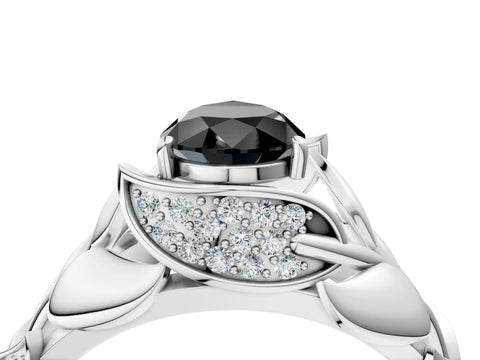 White gold Fancy Black Pear Cut Solitaire Leaf-Inspired Engagement Ring with Prong Setting_4