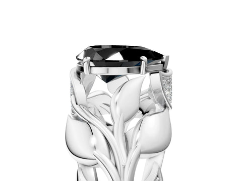 White gold Fancy Black Pear Cut Solitaire Leaf-Inspired Engagement Ring with Prong Setting_5
