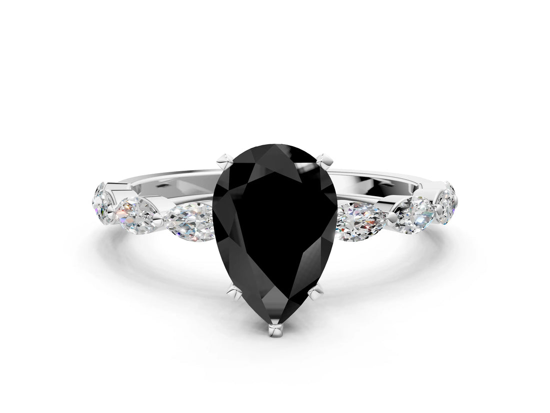White gold Fancy Black Pear Cut Solitaire Marquise Side Stone Prong Setting Ring