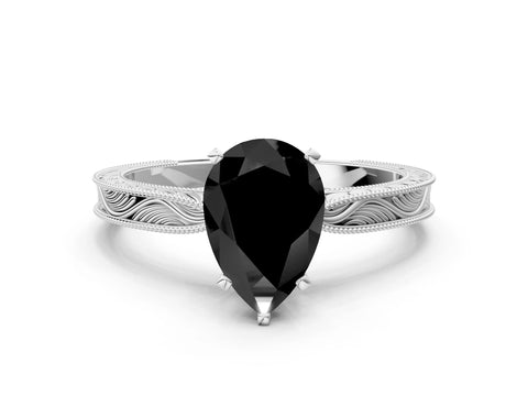 White gold Fancy Black Pear Cut Solitaire Milgrain Engraved Band with Four-Prong Setting_12