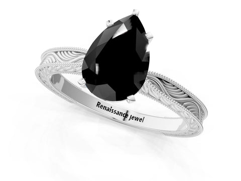 White gold Fancy Black Pear Cut Solitaire Milgrain Engraved Band with Four-Prong Setting_13