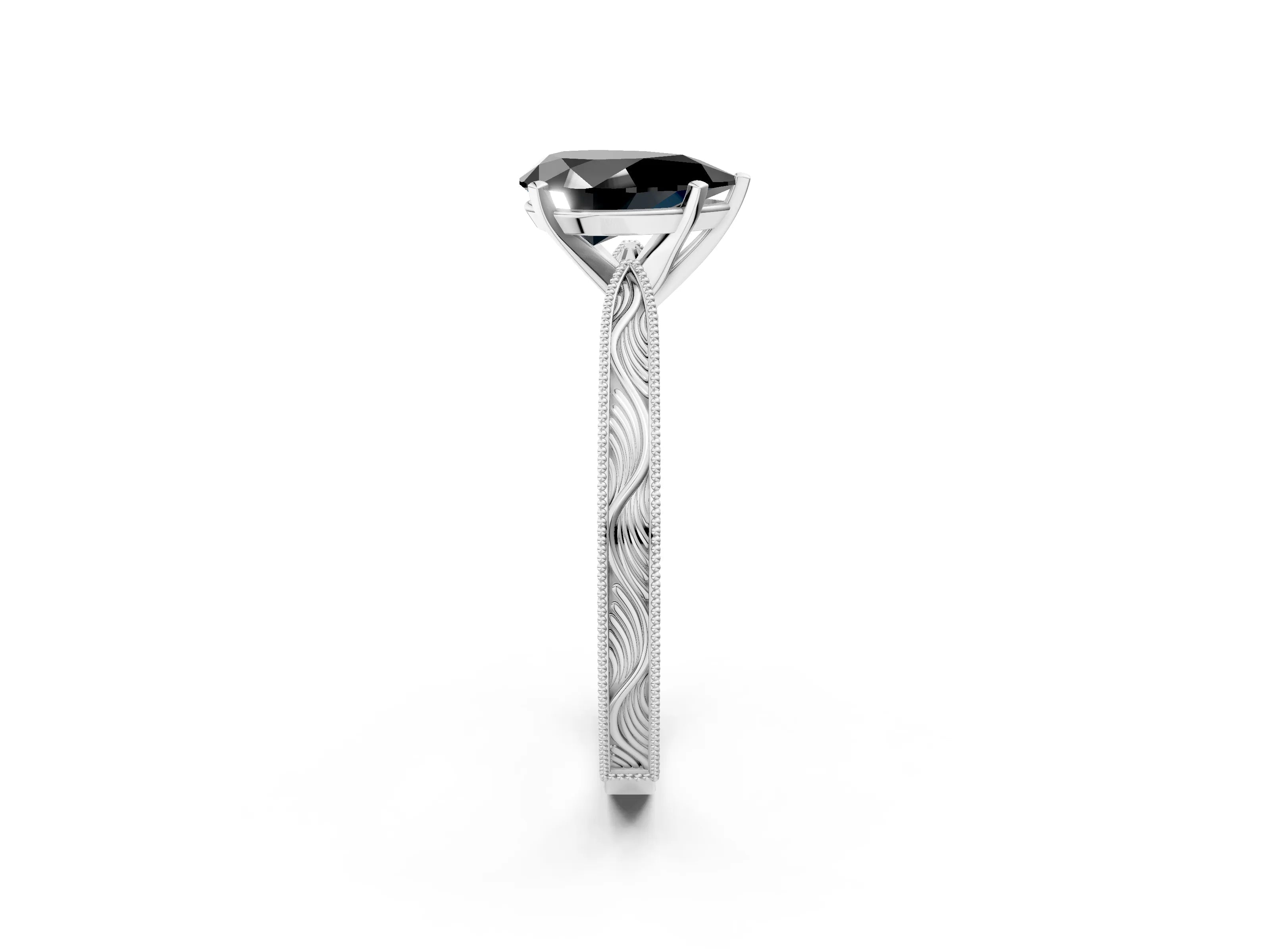 White gold Fancy Black Pear Cut Solitaire Milgrain Engraved Band with Four-Prong Setting_14