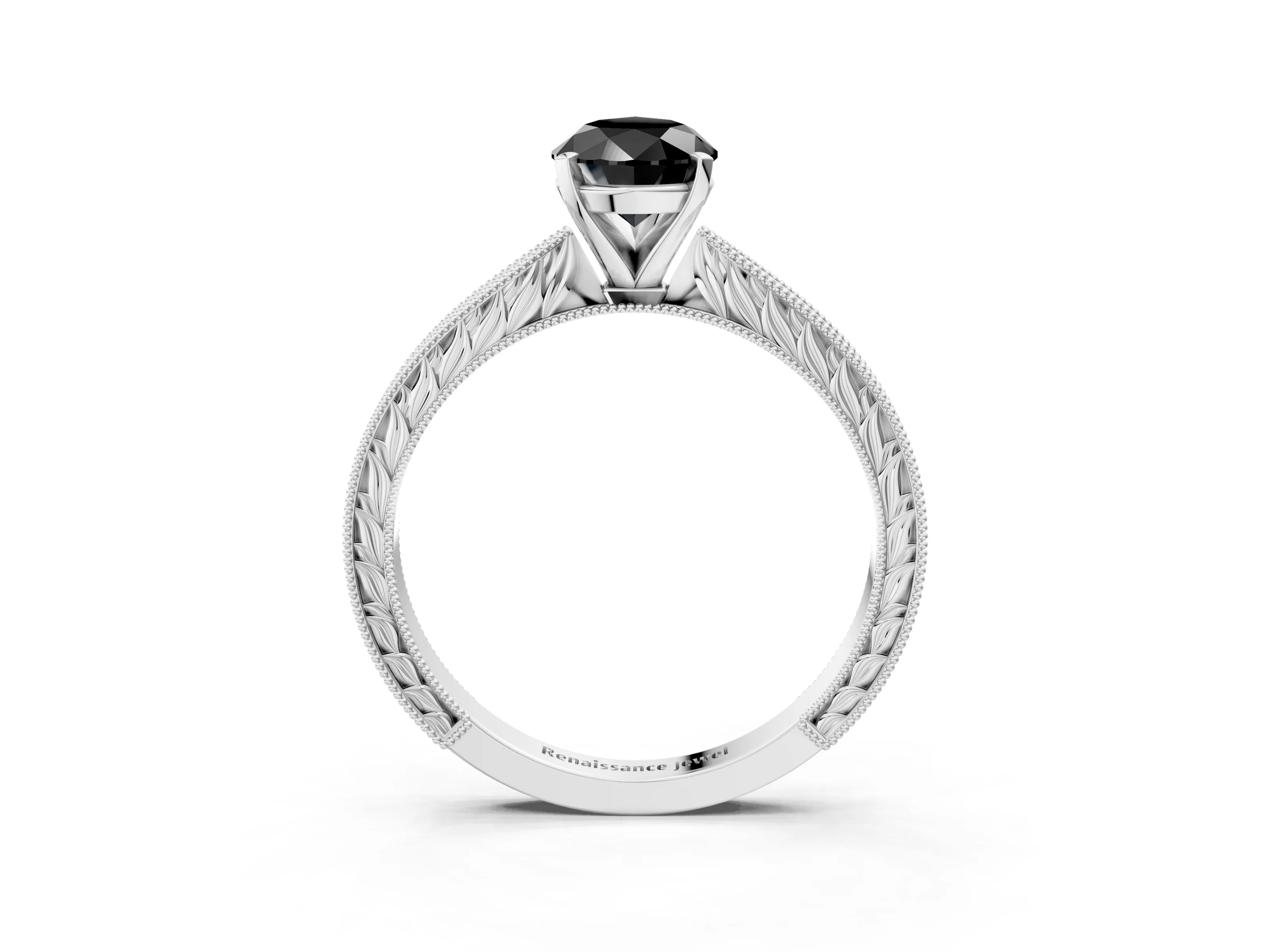 White gold Fancy Black Pear Cut Solitaire Milgrain Engraved Band with Four-Prong Setting_15