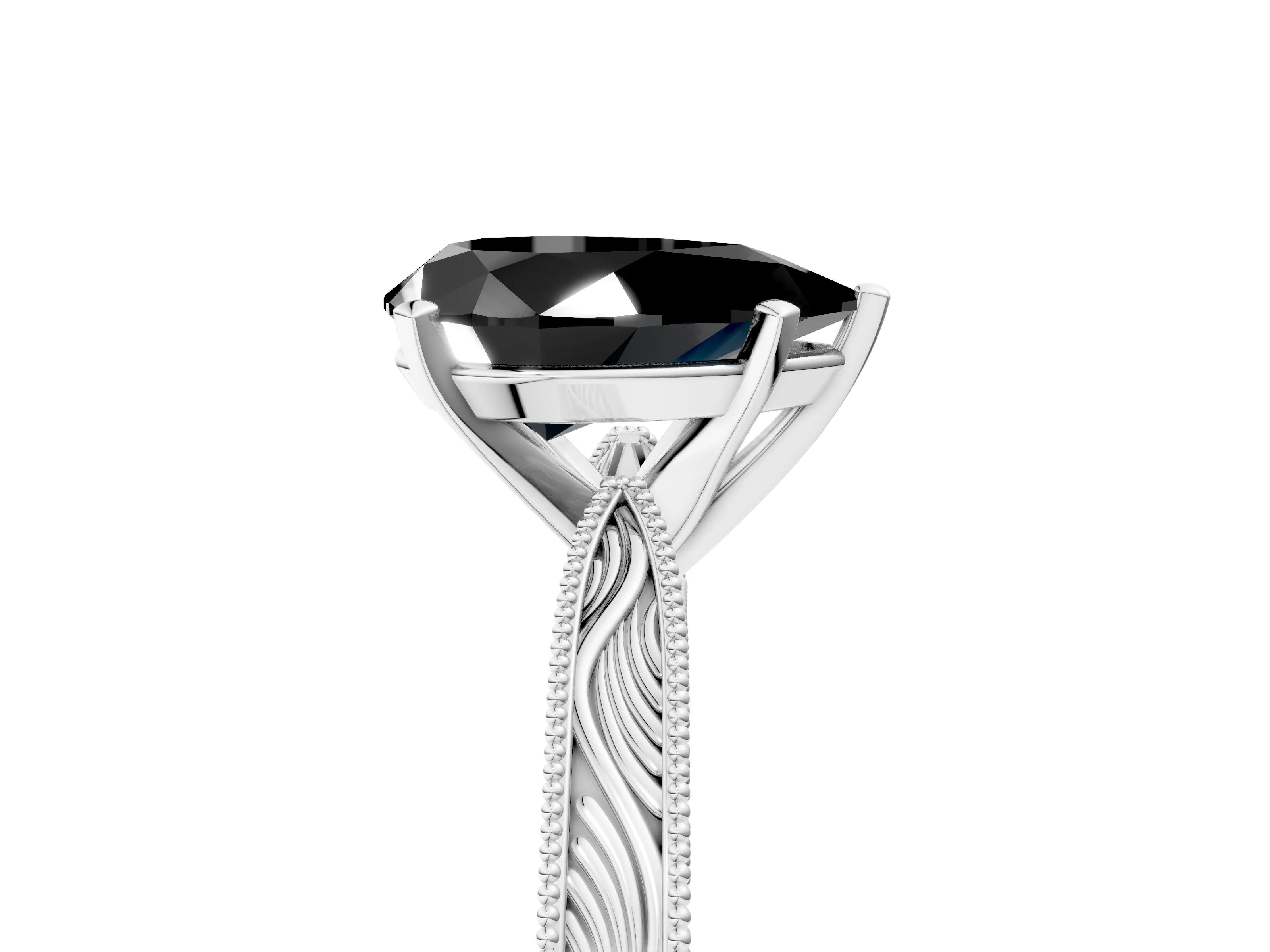 White gold Fancy Black Pear Cut Solitaire Milgrain Engraved Band with Four-Prong Setting_17