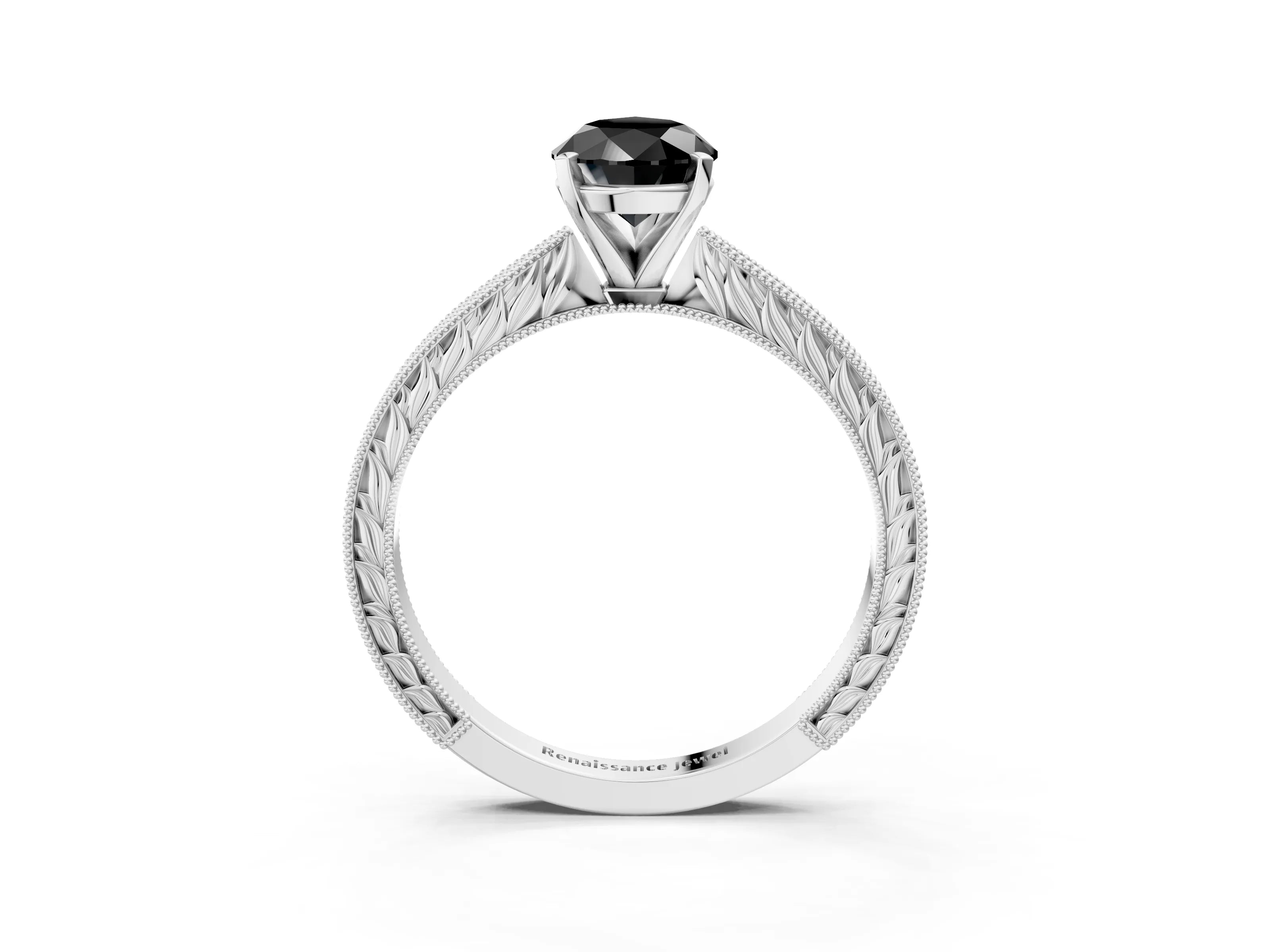 White gold Fancy Black Pear Cut Solitaire Milgrain Engraved Band with Four-Prong Setting_3