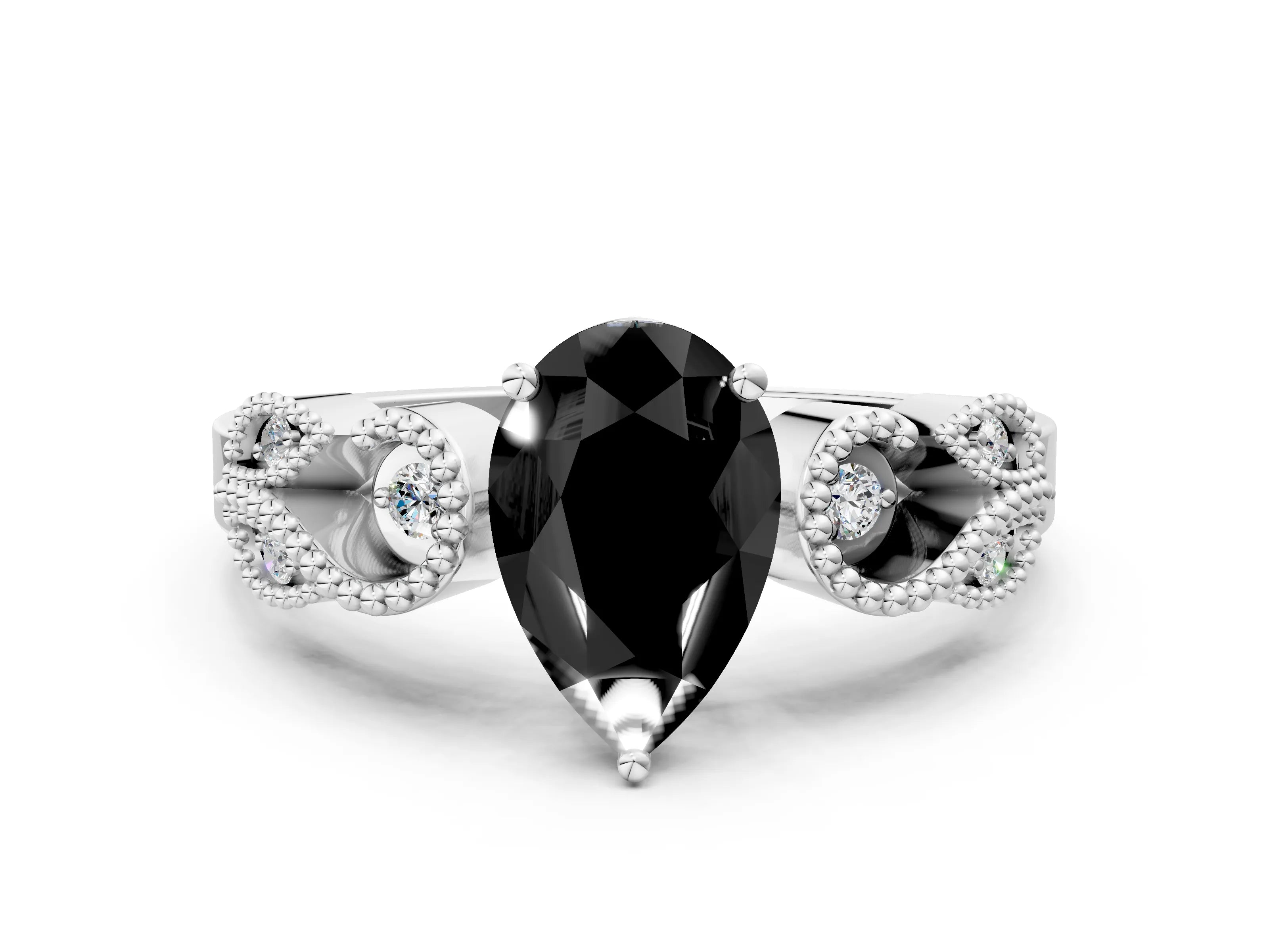 White gold Fancy Black Pear Cut Solitaire Milgrain Leaf Band with Prong Setting