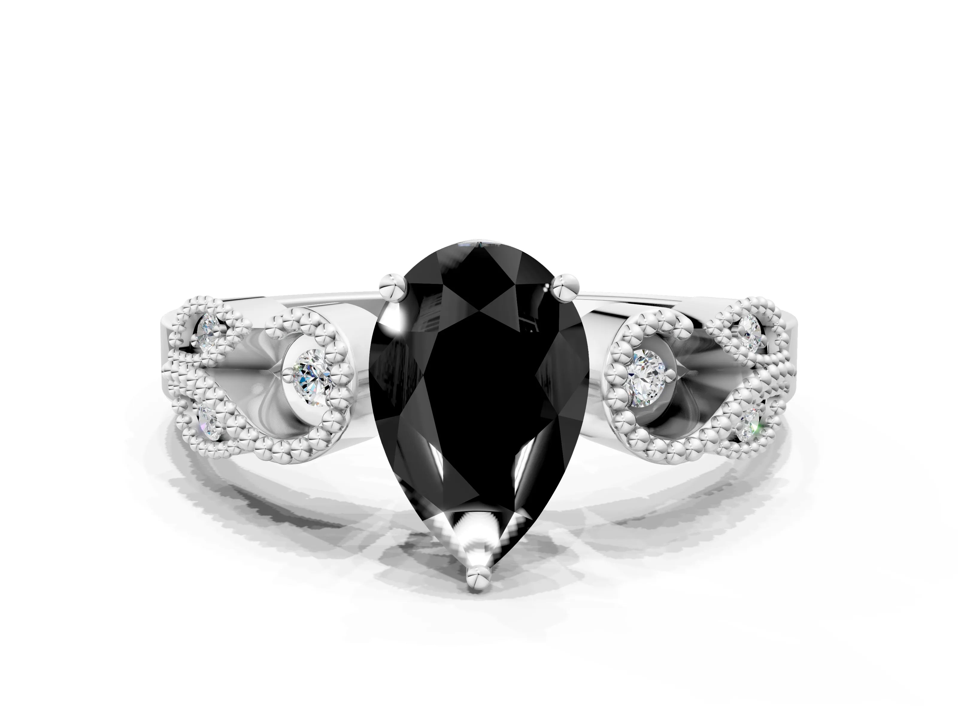 White gold Fancy Black Pear Cut Solitaire Milgrain Leaf Band with Prong Setting_12
