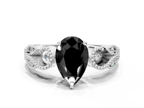 White gold Fancy Black Pear Cut Solitaire Milgrain Leaf Band with Prong Setting_12