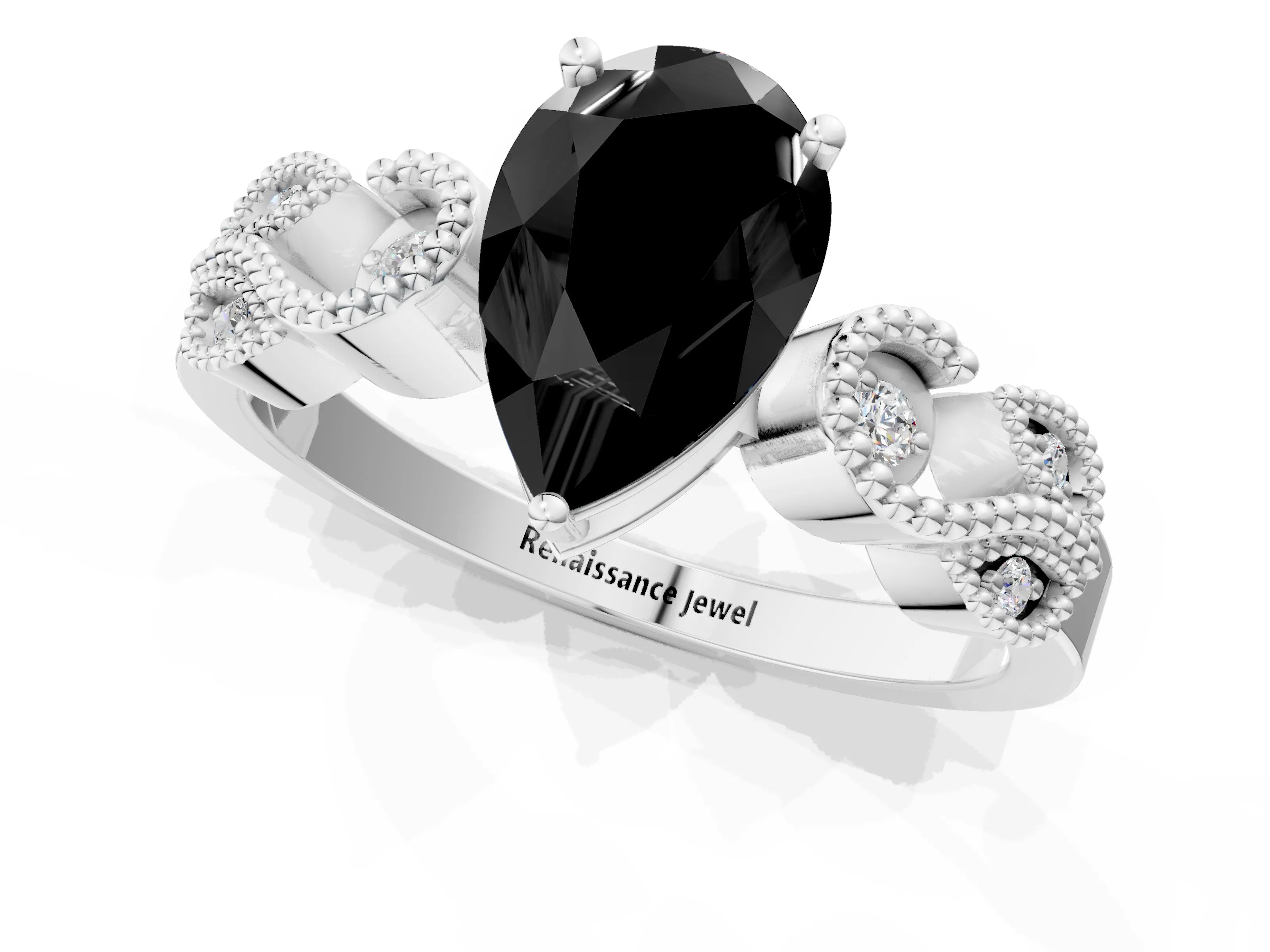White gold Fancy Black Pear Cut Solitaire Milgrain Leaf Band with Prong Setting_13