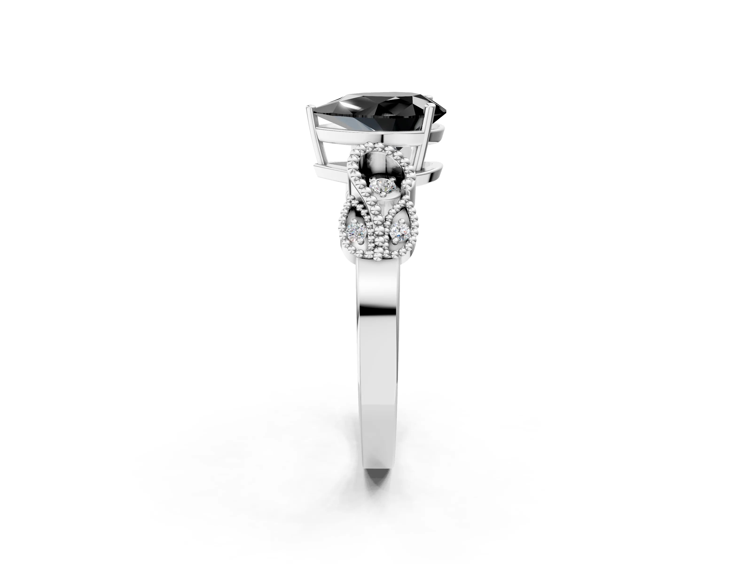 White gold Fancy Black Pear Cut Solitaire Milgrain Leaf Band with Prong Setting_14