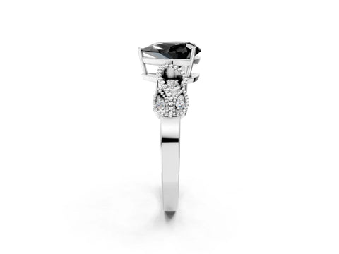 White gold Fancy Black Pear Cut Solitaire Milgrain Leaf Band with Prong Setting_14