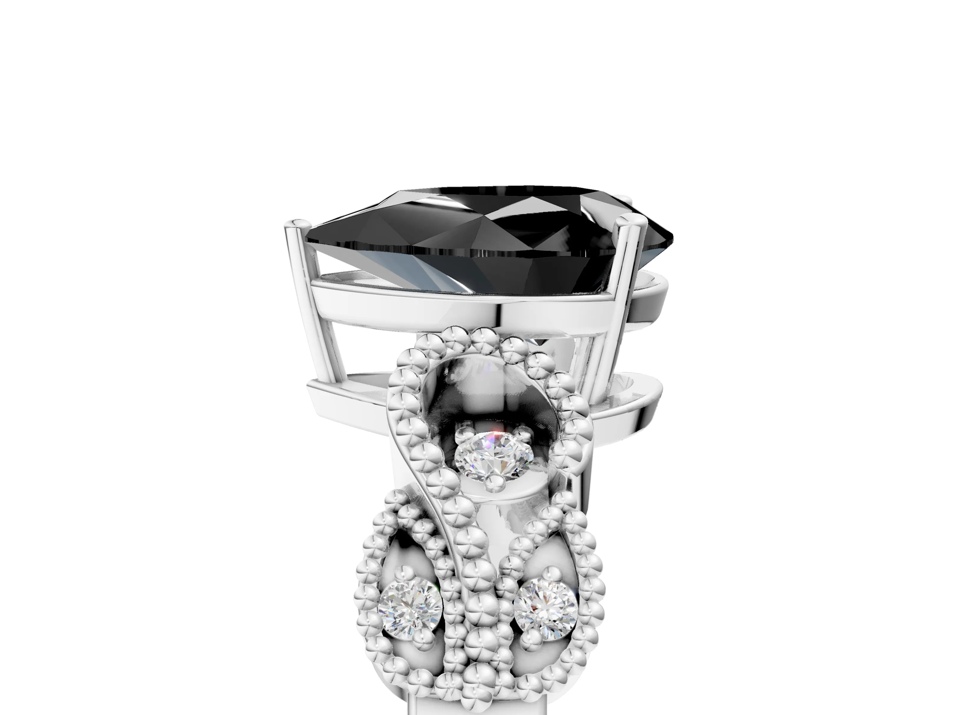 White gold Fancy Black Pear Cut Solitaire Milgrain Leaf Band with Prong Setting_17