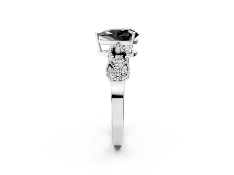 White gold Fancy Black Pear Cut Solitaire Milgrain Leaf Band with Prong Setting_2
