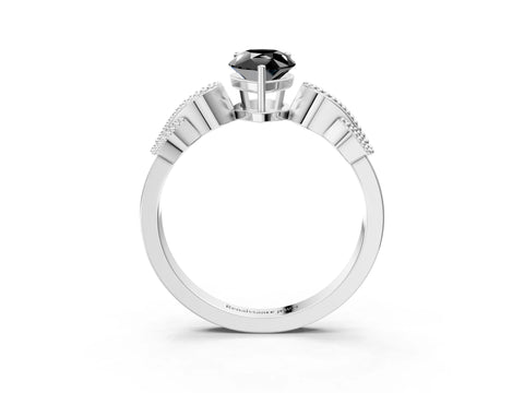 White gold Fancy Black Pear Cut Solitaire Milgrain Leaf Band with Prong Setting_3
