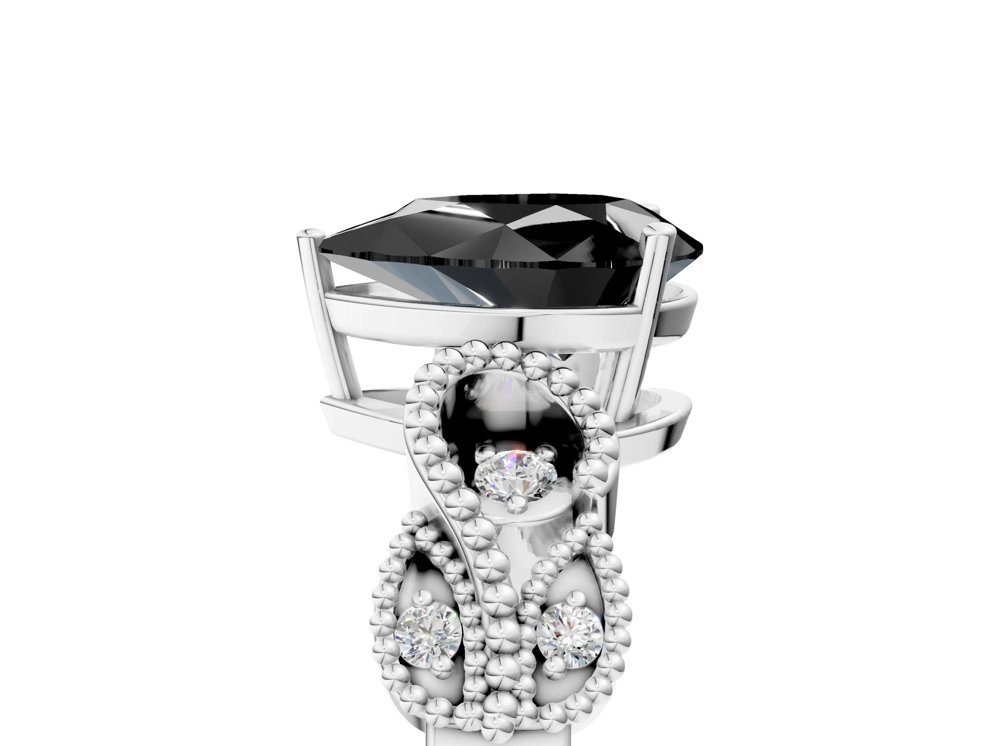 White gold Fancy Black Pear Cut Solitaire Milgrain Leaf Band with Prong Setting_5