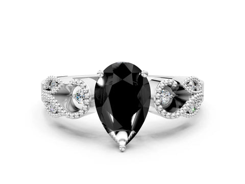 White gold Fancy Black Pear Cut Solitaire Milgrain Leaf Band with Prong Setting