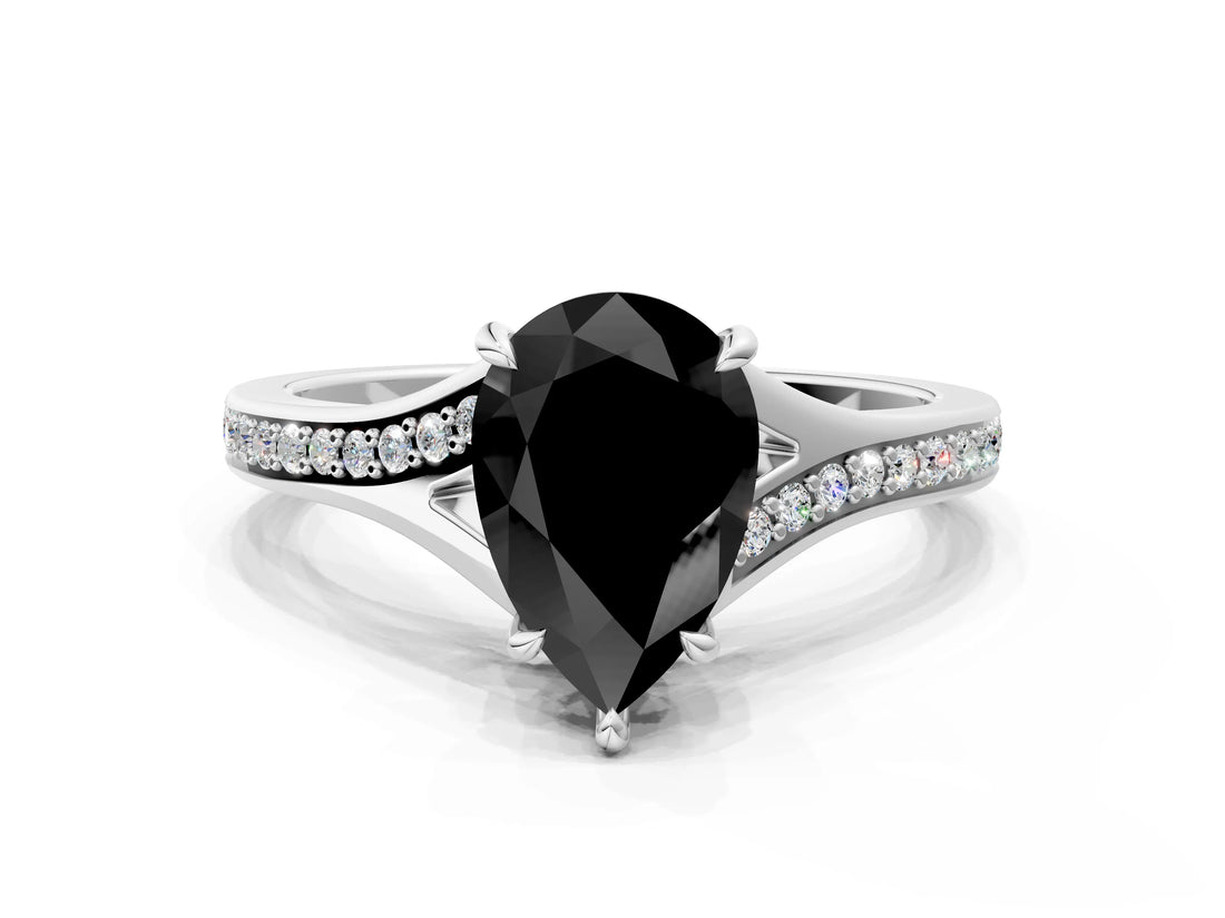 White gold Fancy Black Pear Cut Solitaire Pavé Band with Four-Prong Setting