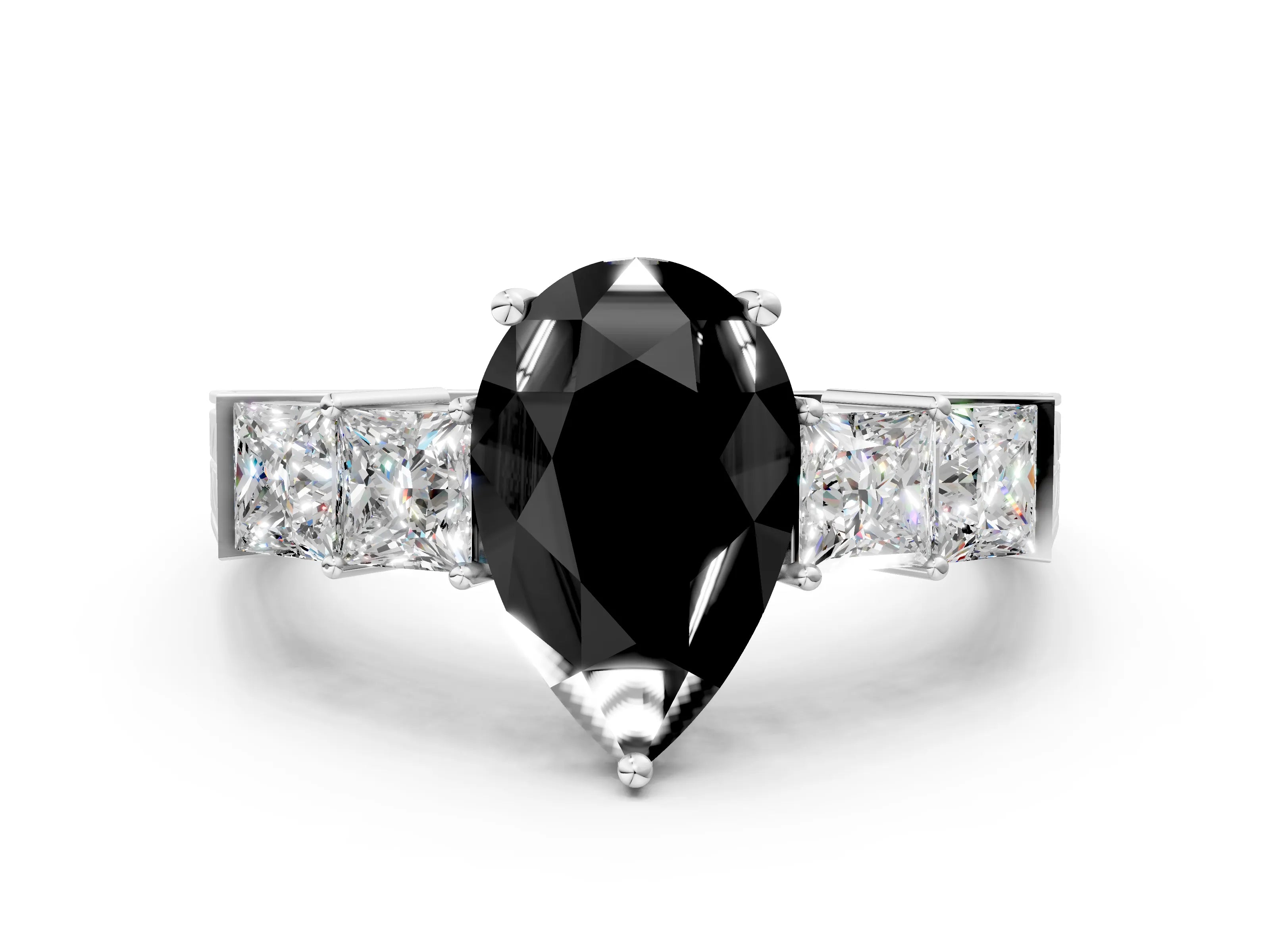 White gold Fancy Black Pear Cut Solitaire Princess Side Stone Engraved Band Prong Setting Ring_12
