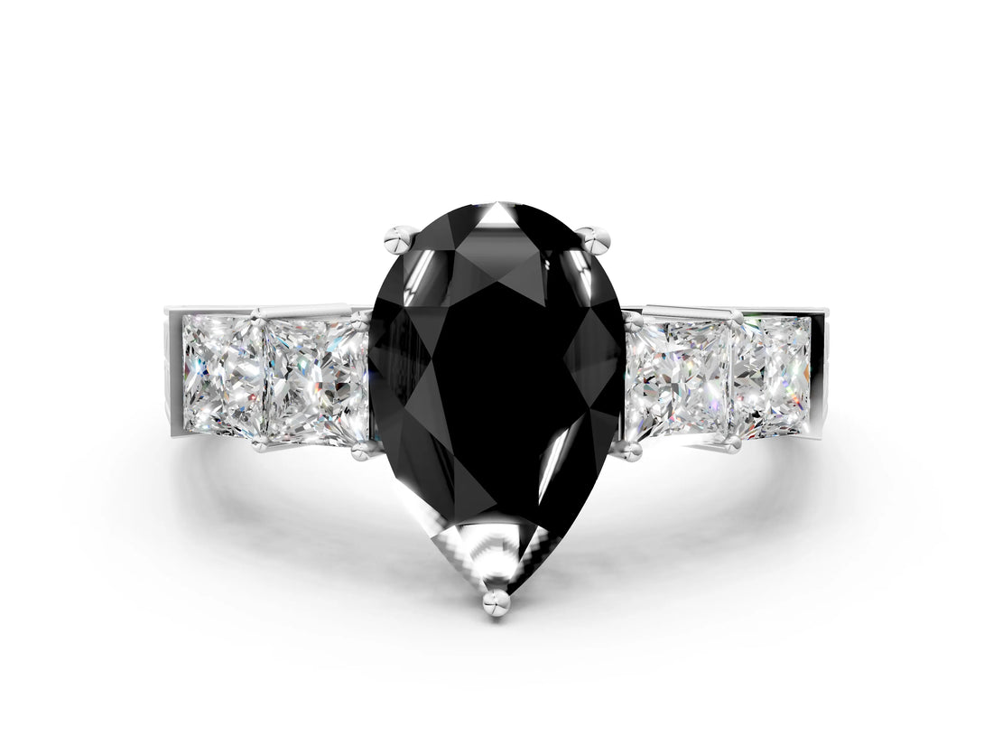 White gold Fancy Black Pear Cut Solitaire Princess Side Stone Engraved Band Prong Setting Ring_12