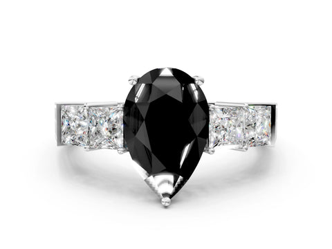 White gold Fancy Black Pear Cut Solitaire Princess Side Stone Engraved Band Prong Setting Ring_12